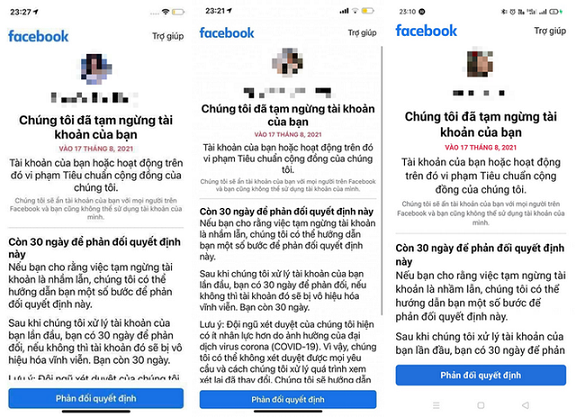 Hàng loạt nick Facebook của người dùng Việt “bay màu” sau một đêm. Ảnh: Chụp màn hình
